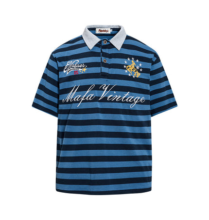 Summer men's polo shirt, loose casual letter print, ins, American street trend, color-blocked collar short-sleeve T-shirt, pure cotton