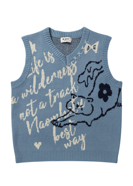 Men's knitted vest with ankle shoulder vest, spring/autumn European and American trendy brand cartoon jacquard V-neck sleeveless wide-shoulder sweater vest