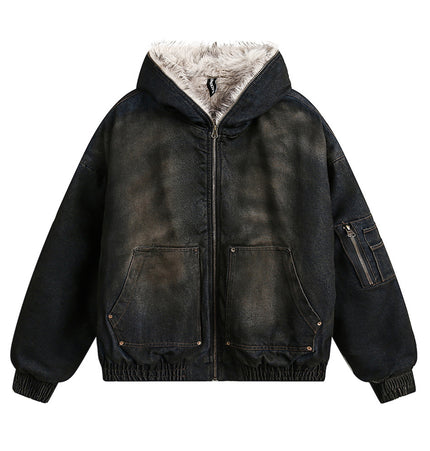 Fur-Collar Hooded Denim Jacket