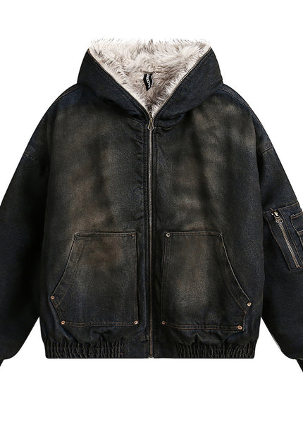 Fur-Collar Hooded Denim Jacket