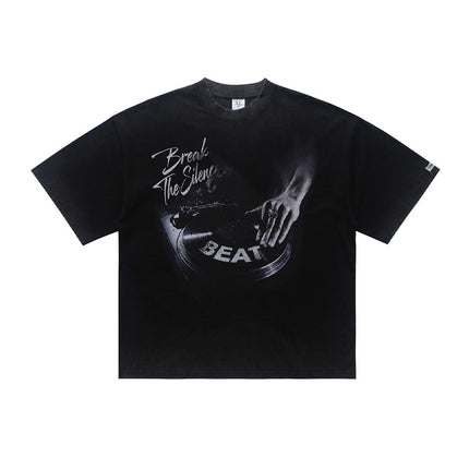 ONSEVENINE printed washed distressed small neckline 300g heavyweight pure cotton short-sleeve T-shirt for men, loose for summer