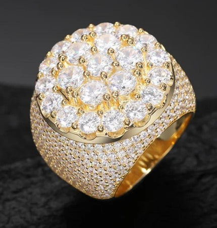 HIISEES European and American men's hip hop flower diamond ring trend retro real gold electroplated big ring shining jewelry