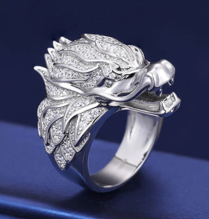 New original full diamond dragon head-up ring, men's and women's fashion commuting temperament, niche light luxury inlaid index finger ring accessories
