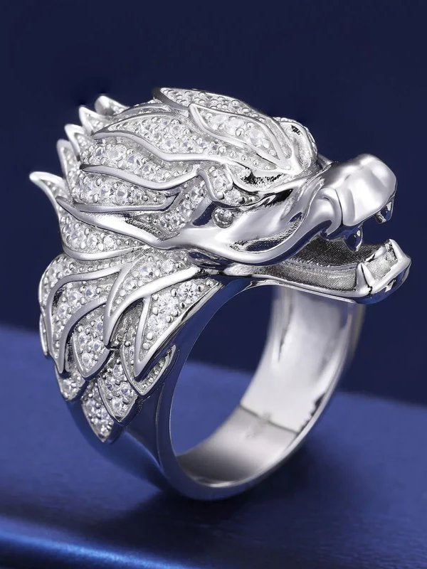 New original full diamond dragon head-up ring, men's and women's fashion commuting temperament, niche light luxury inlaid index finger ring accessories