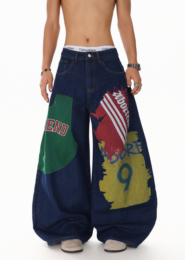 Monogram Patchwork Wide Jeans