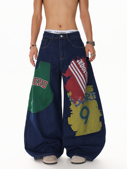 Monogram Patchwork Wide Jeans