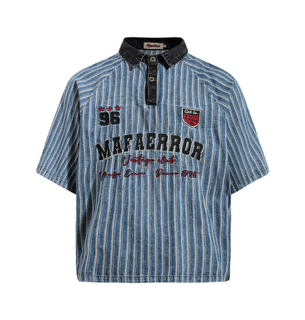 American baseball uniform summer men's polo shirt vintage American ins street trend letter embroidery contrast lapel T-shirt