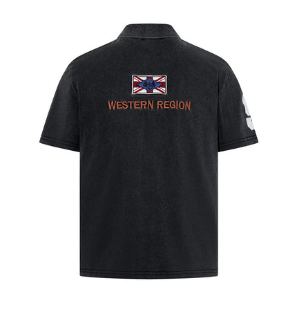 American vintage patch embroidered distressed short-sleeve polo shirt, summer men's loose INS street washed lapel T-shirt
