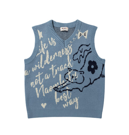 Men's knitted vest with ankle shoulder vest, spring/autumn European and American trendy brand cartoon jacquard V-neck sleeveless wide-shoulder sweater vest