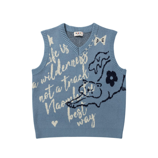 Men's knitted vest with ankle shoulder vest, spring/autumn European and American trendy brand cartoon jacquard V-neck sleeveless wide-shoulder sweater vest