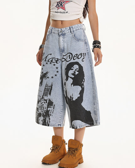 XPKAEAX American vintage washed printed design high-waisted, slimming, loose wide-leg cropped jeans for women's summer