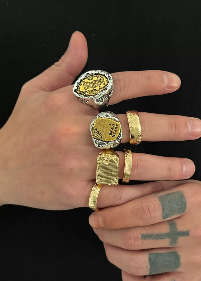Men's 6-piece letter ring set, European and American retro hip-hop trendy unique niche design ring combo, cool