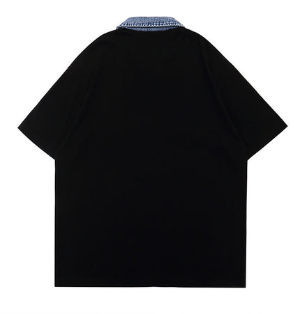 Monogram patch short-sleeved T-shirt men's ins, high street fashion brand, color-blocked lapel half-sleeve shirt, loose half-collar polo shirt