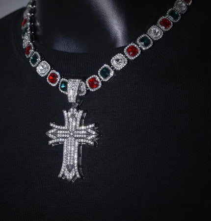 European and American fashion brand hip-hop cross pendant heavy industry three-row diamond necklace versatile men's and women's Cuban chain full diamond necklace