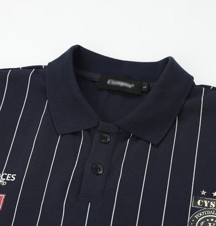 Vertical stripe monogram print short-sleeved polo shirt men's summer casual American street trend loose half-sleeve T-shirt top