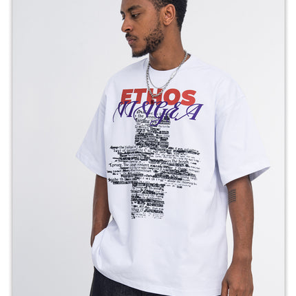 ONSEVENINE original white ink direct spray print short-sleeve summer new loose men's and women's 310g small neckline T-shirt