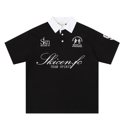 American street trend letter-embroidered short-sleeve polo shirt, men's summer top ins, sporty loose casual lapel T-shirt