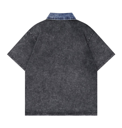 Wash and distress loose short sleeve polo shirt men's fashion brand street letter print lapel casual t-shirt INS top