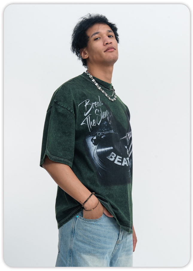 ONSEVENINE printed washed distressed small neckline 300g heavyweight pure cotton short-sleeve T-shirt for men, loose for summer