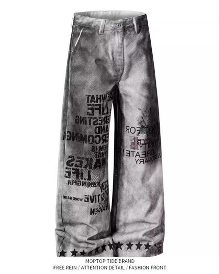 Mr. WH American distressed letter print dirty jeans men's and women's loose wide-leg pants niche design trousers