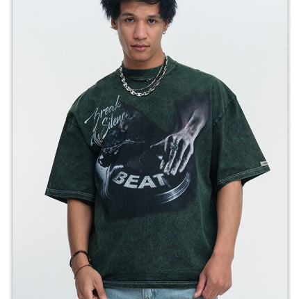 ONSEVENINE printed washed distressed small neckline 300g heavyweight pure cotton short-sleeve T-shirt for men, loose for summer