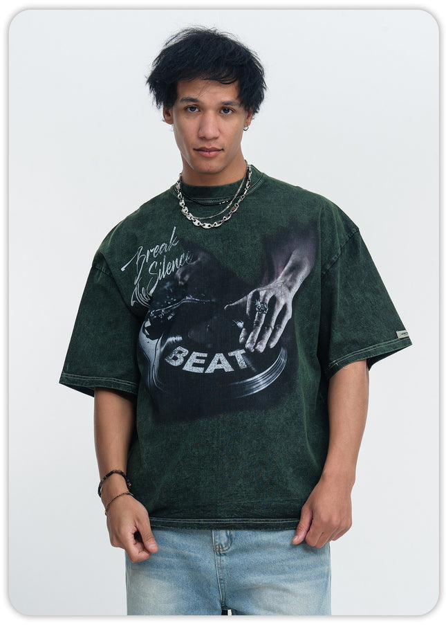 ONSEVENINE printed washed distressed small neckline 300g heavyweight pure cotton short-sleeve T-shirt for men, loose for summer
