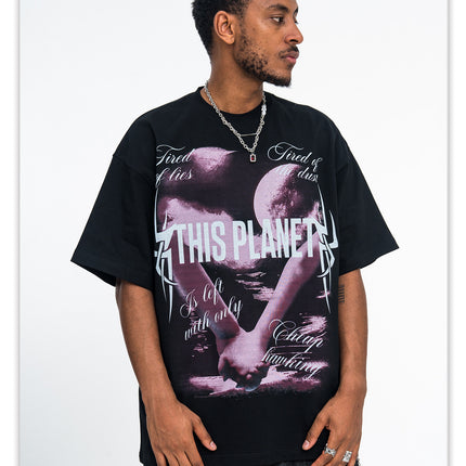 ONSEVENINE White Ink Direct Spray Print Short Sleeve New Loose Unisex 315g Pure Cotton Small Neck T-Shirt