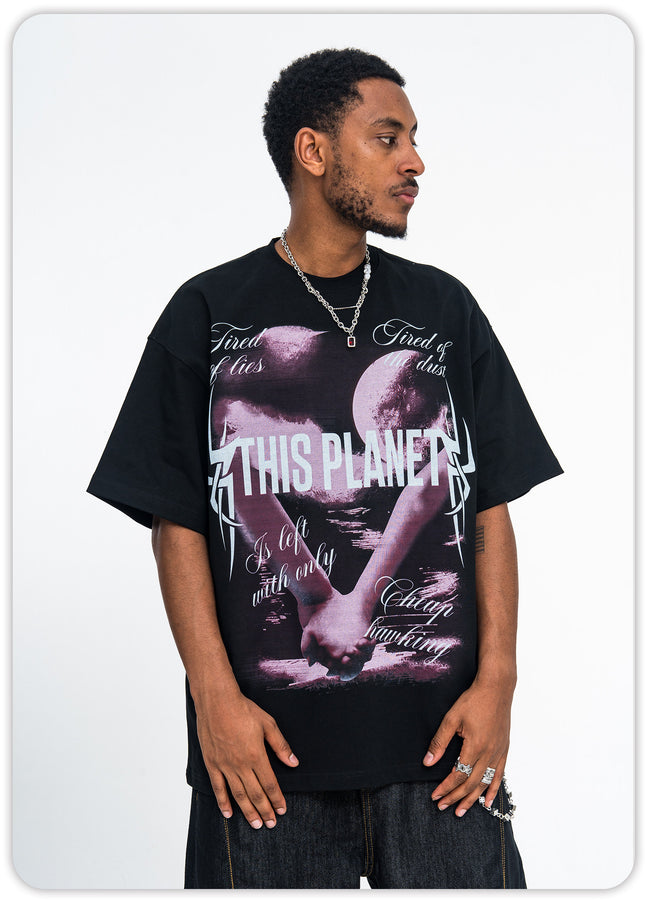 ONSEVENINE White Ink Direct Spray Print Short Sleeve New Loose Unisex 315g Pure Cotton Small Neck T-Shirt