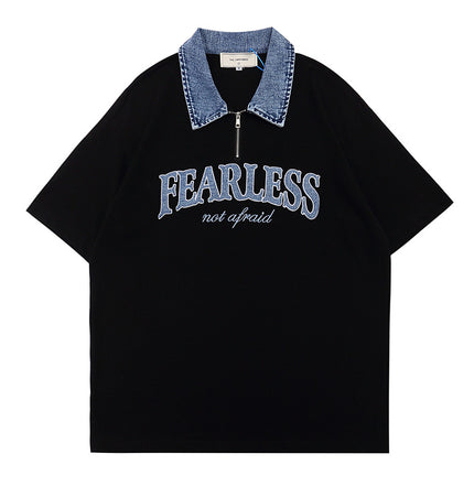 Monogram patch short-sleeved T-shirt men's ins, high street fashion brand, color-blocked lapel half-sleeve shirt, loose half-collar polo shirt