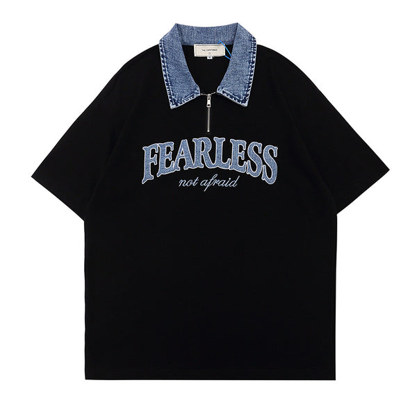 Monogram patch short-sleeved T-shirt men's ins, high street fashion brand, color-blocked lapel half-sleeve shirt, loose half-collar polo shirt
