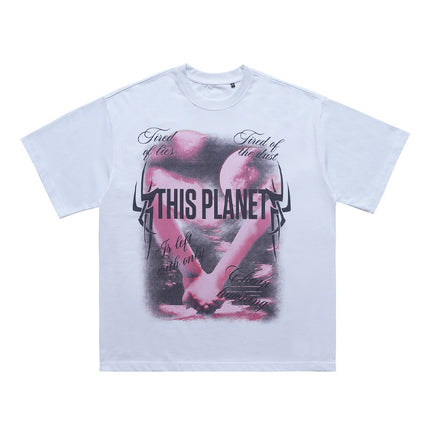 ONSEVENINE White Ink Direct Spray Print Short Sleeve New Loose Unisex 315g Pure Cotton Small Neck T-Shirt
