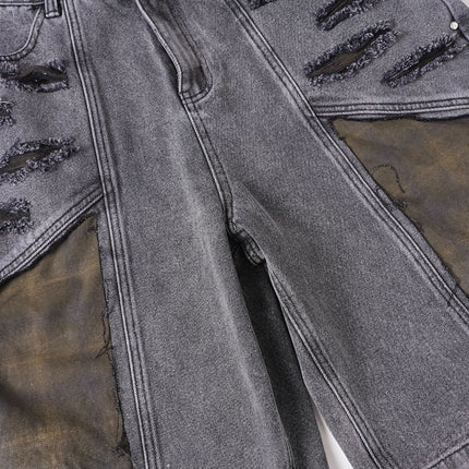 Washed Splicing Broken Denim Shorts