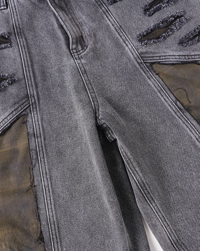 Jiayiku 2026 new American washed splicing broken denim shorts wasteland style personality street cropped pants for men