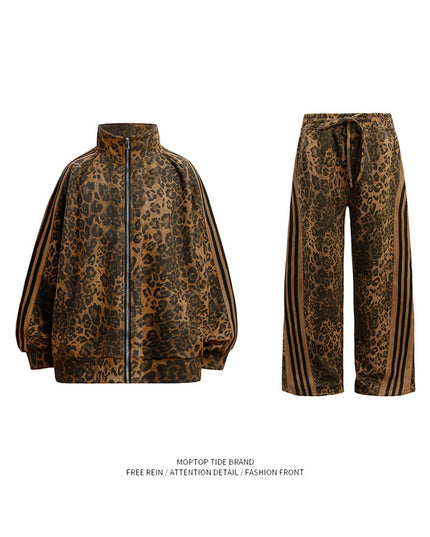 Mr. WH design leopard print hip-hop suit stand-up collar sweatshirt men's and women's slacks high street two-piece set