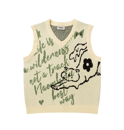 Men's knitted vest with ankle shoulder vest, spring/autumn European and American trendy brand cartoon jacquard V-neck sleeveless wide-shoulder sweater vest