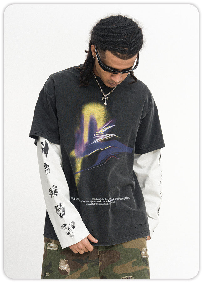 ONSEVEN trendy brand washed distressed long-sleeve T-shirt, vintage fake two-piece patchwork men's spring/autumn top, national trend