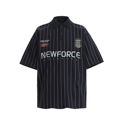 Vertical stripe monogram print short-sleeved polo shirt men's summer casual American street trend loose half-sleeve T-shirt top