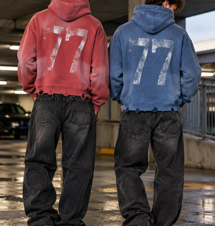 Magic Bear Men's 2026 New American Jersey Street Trendy Brand Hoodie Heavyweight Washable Broken Hoodie for Men