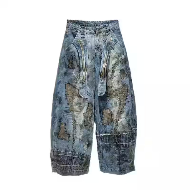 TALKLESSFASHION Asymmetric Patchwork denim baggy jean ---8470
