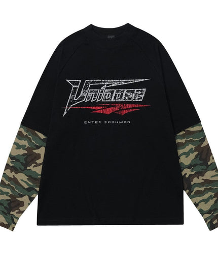 Mein Shop 0 Black / S False Two-piece Patchwork Camouflage Long Sleeve Loose T-shirt Men