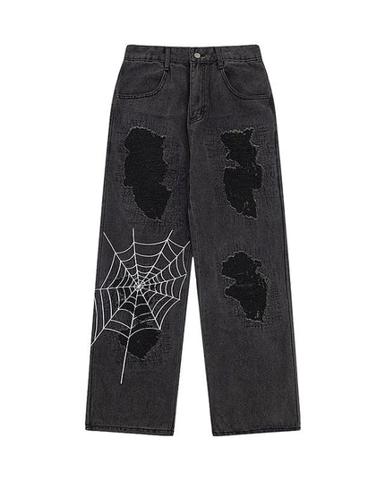 Mein Shop 0 Black / S Light Web Destrssed Loose Straight Jeans—9087