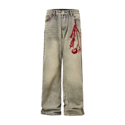 Mein Shop 0 Blue / S Vintage Embroidery Phantom Zipper Straight Jeans—-4533