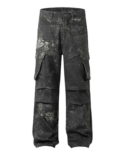 Mein Shop 0 Camouflage / S Men's High Street American Splash-ink Distressed Pleated Multi-pocket Cargo Pants