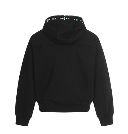 TALKLESSFASHION 0267 American retro trend men's and women's turquoise design solid color men's zipper short and wide hooded sweatshirt