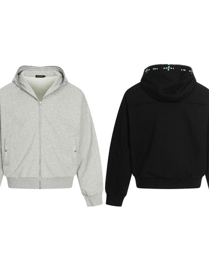 TALKLESSFASHION 0267 American retro trend men's and women's turquoise design solid color men's zipper short and wide hooded sweatshirt