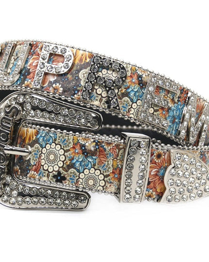 TALKLESSFASHION 100cm / Printed lettering rhinestone belt Cross-border trend print rhinestone belt