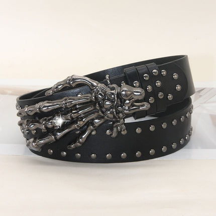 TALKLESSFASHION 105cm in length 3.8cm in width / The ghostly hand is a willow nail with a white diamond Trend: Shibuya Spice Girls, Hip Hop, Punk, Subculture Accessories, Skull, Hand Stud, Belt, Belt, Pants, Belt, Triple Leather Loop