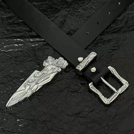 TALKLESSFASHION 110cm Direction of Light Western Swordsman Belt Kendo Carved Pants Belt Vintage Black Niche Belt
