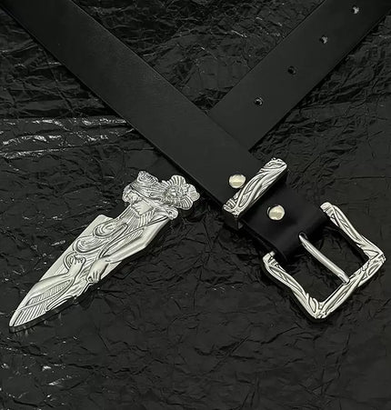 TALKLESSFASHION 110cm Direction of Light Western Swordsman Belt Kendo Carved Pants Belt Vintage Black Niche Belt