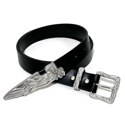 TALKLESSFASHION 110cm Direction of Light Western Swordsman Belt Kendo Carved Pants Belt Vintage Black Niche Belt